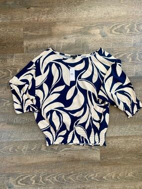 Ann Taylor Navy and Cream Leaf-Print Smocked Hem Blouse